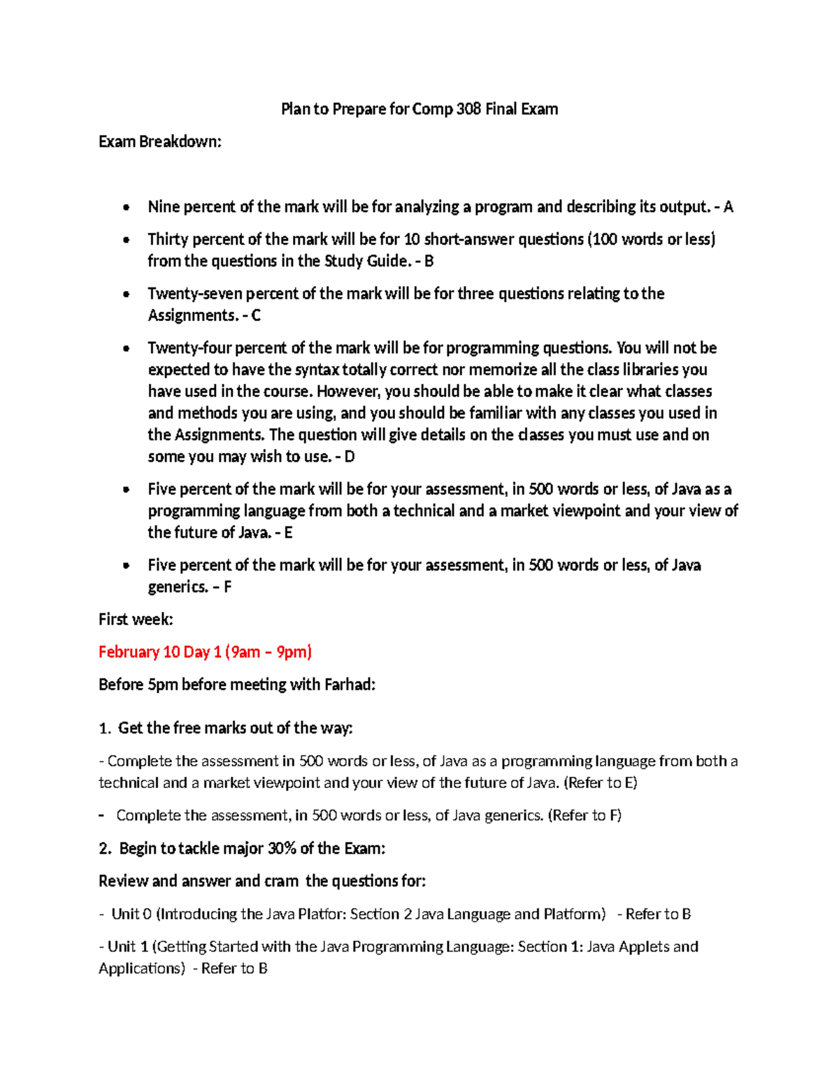 Plan to Prepare for Comp 308 Final Exam: Week 1 Breakdown - Studocu