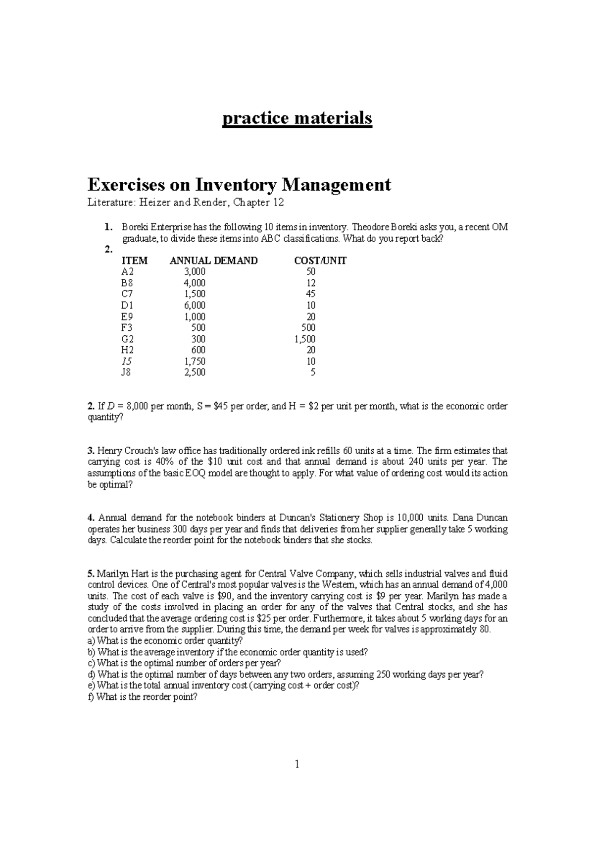Chapter 12 Inventory Management Exercises for Final Exam - Studeersnel