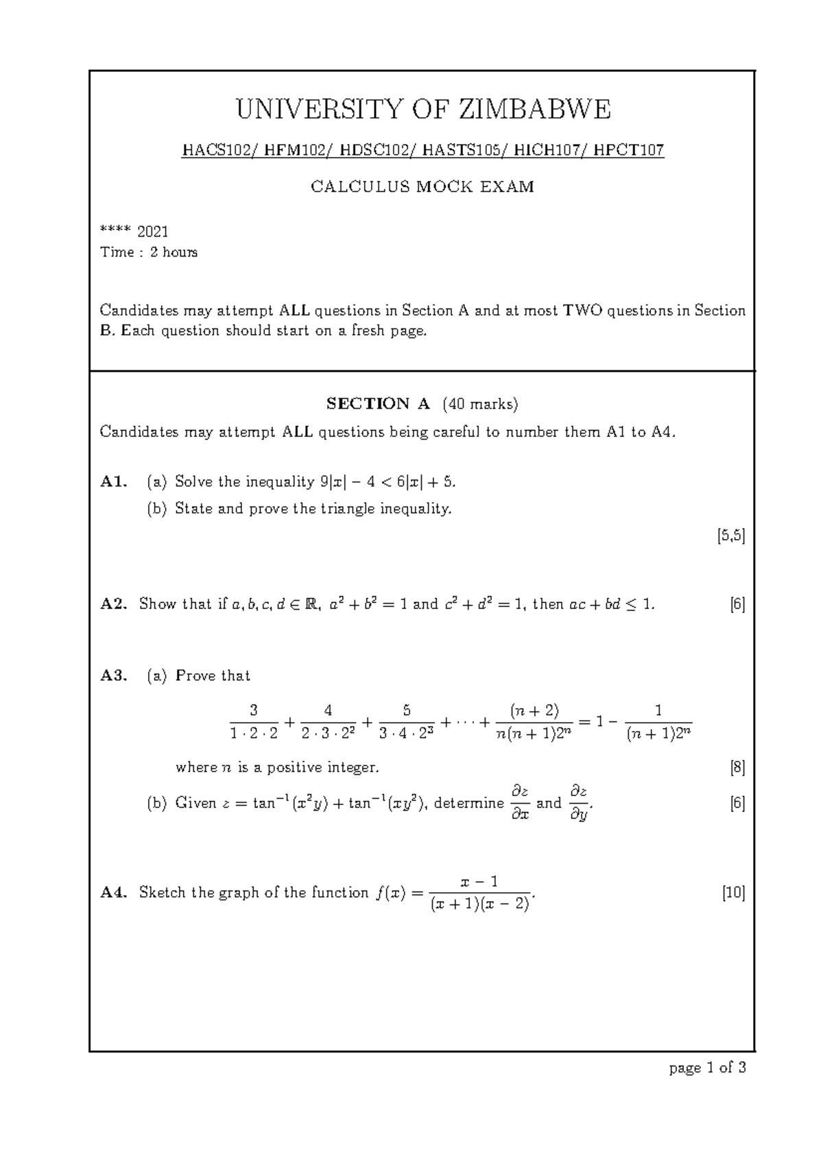 Calculus MOCK EXAM - Practice Questions HACS102/HFM102/HDSC102 - Studocu