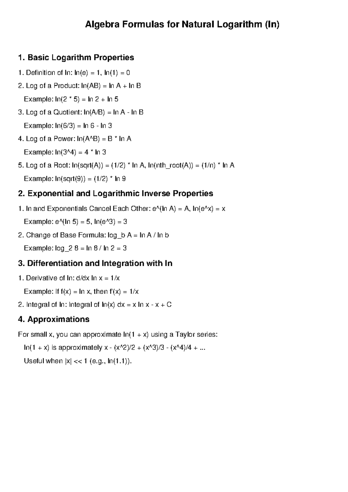 Algebra ln Formulas and Properties for Natural Log (LN 101) - Studocu