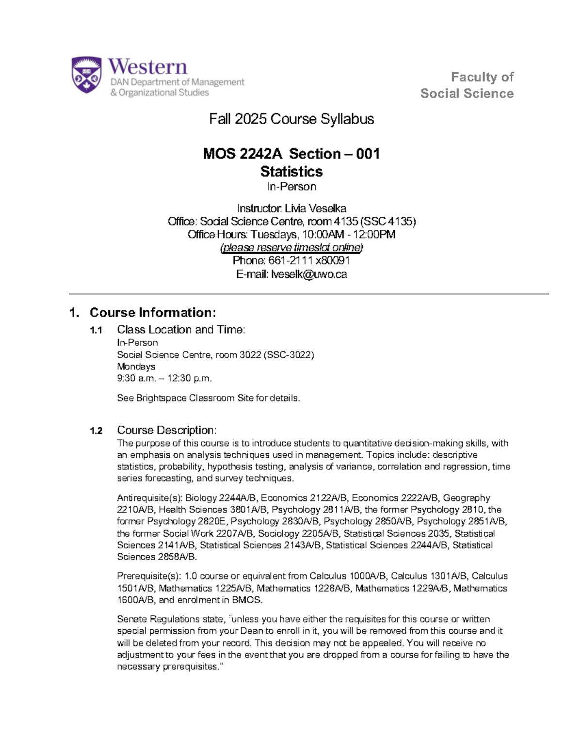 MOS 2242A Fall 2025 Statistics Course Syllabus - Instructor Veselka ...