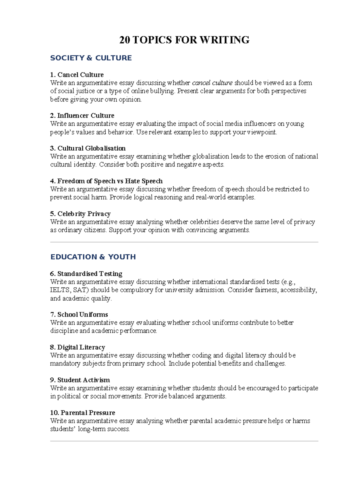 20 Topics for Writing: Society & Culture Essays - Studocu