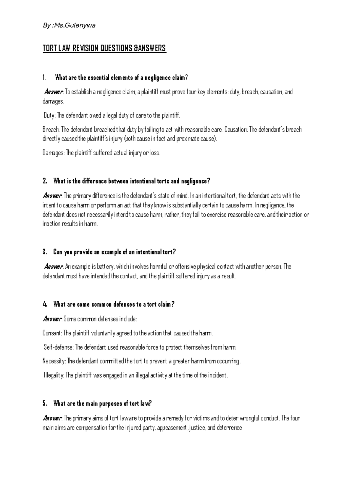 TORT LAW REVISION QUESTIONS & ANSWERS: Ms. Gulenywa's Study Guide - Studocu