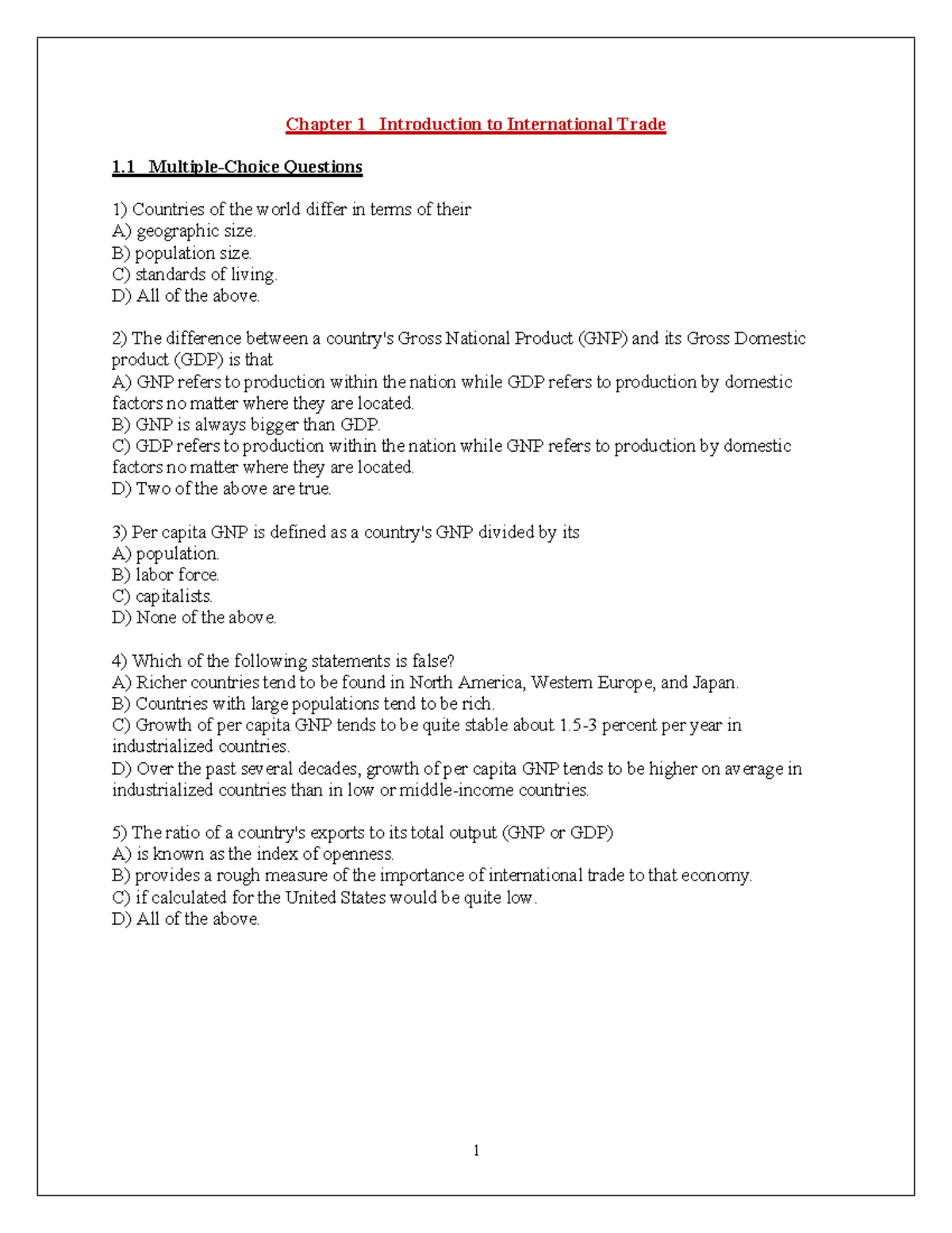 Assignment for Chapter 1: Introduction to International Trade Questions ...