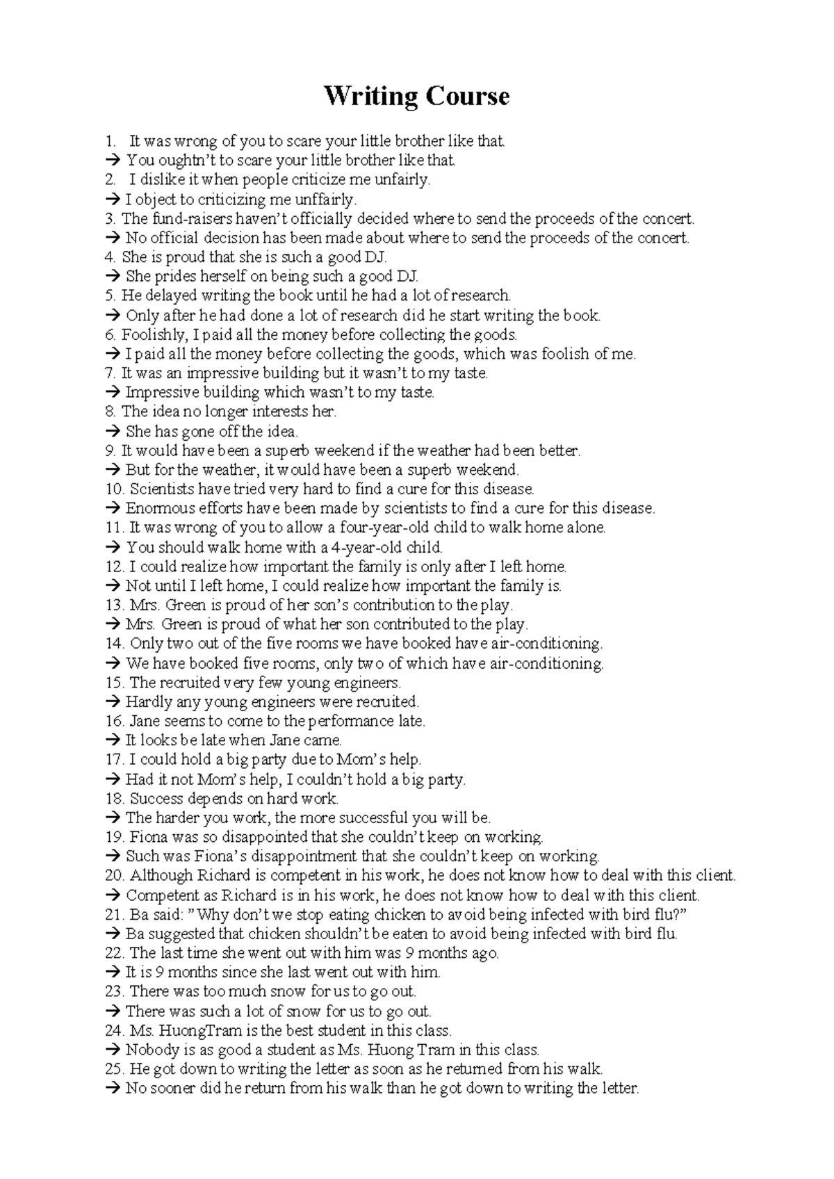 Rewriting Sentences 1 - Practice for Writing Course 1 - Studocu