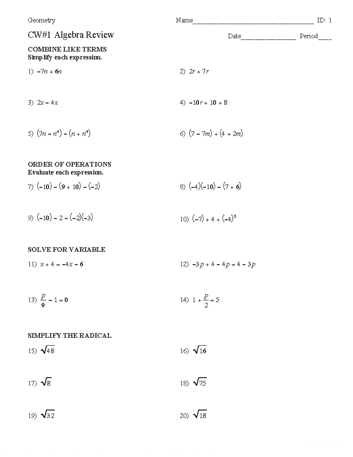 CW1 Algebra Review: Combining Like Terms & Operations - Studocu