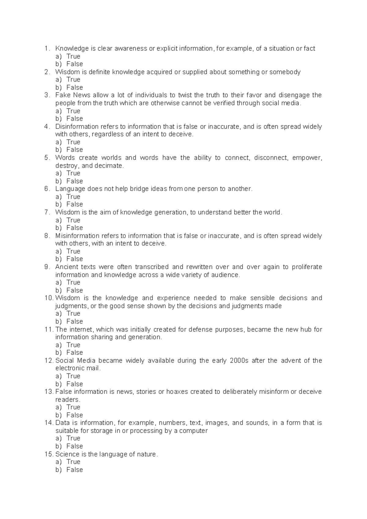 STS Multiple Choice - Knowledge is clear awareness or explicit ...
