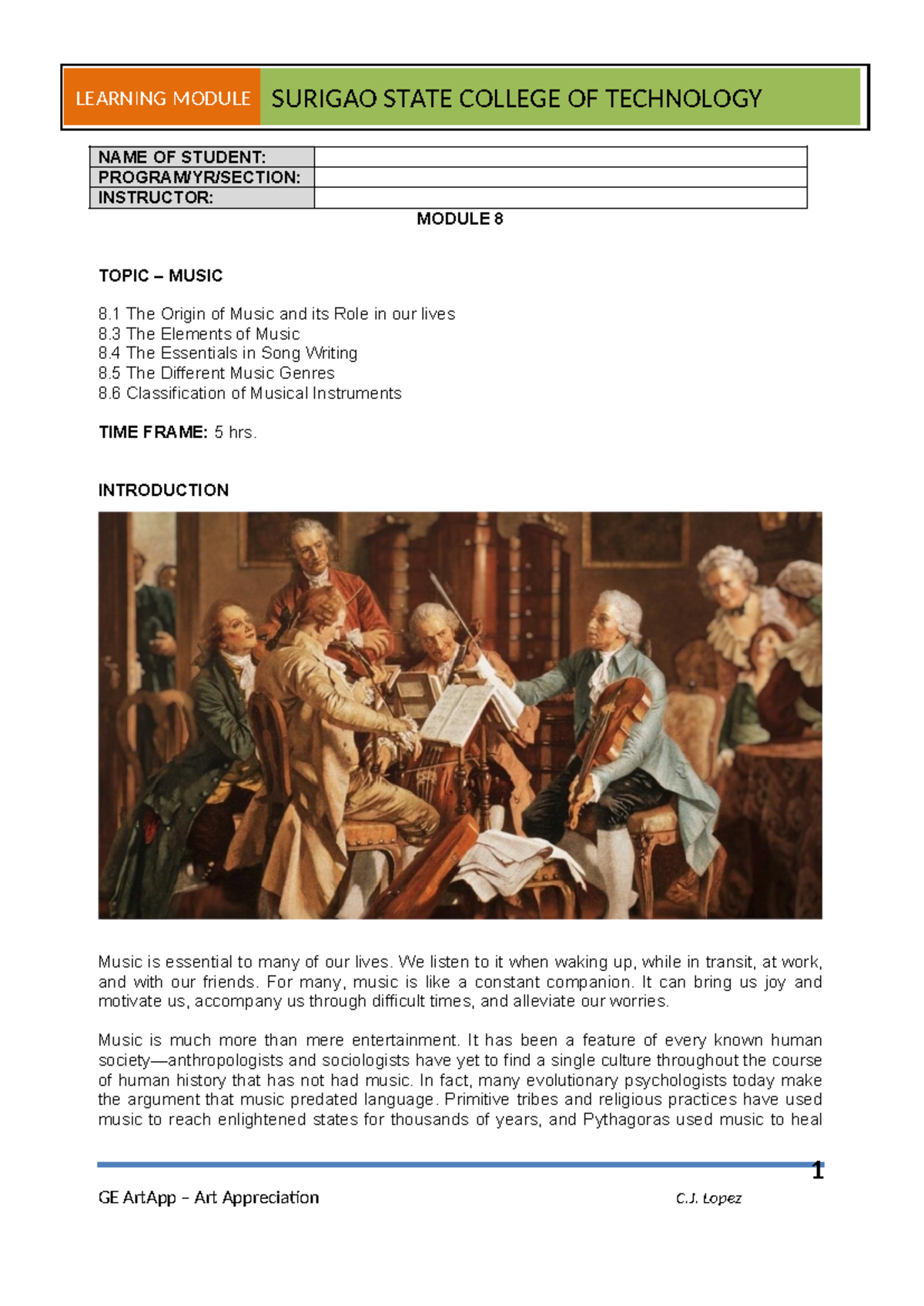 Module 8: The Role and Elements of Music in Life - GE ArtApp - Studocu