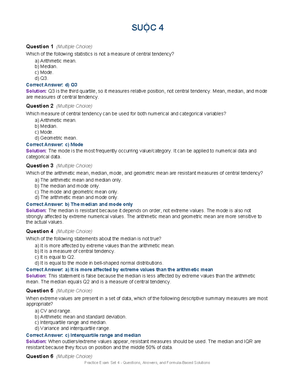 Practice Exam Set 4: Statistics 50 Questions with Solutions - Studocu