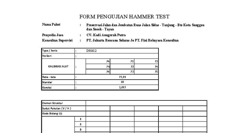 FORM PENGUJIAN HAMMER TEST - Preservasi Jalan dan Jembatan - Studocu