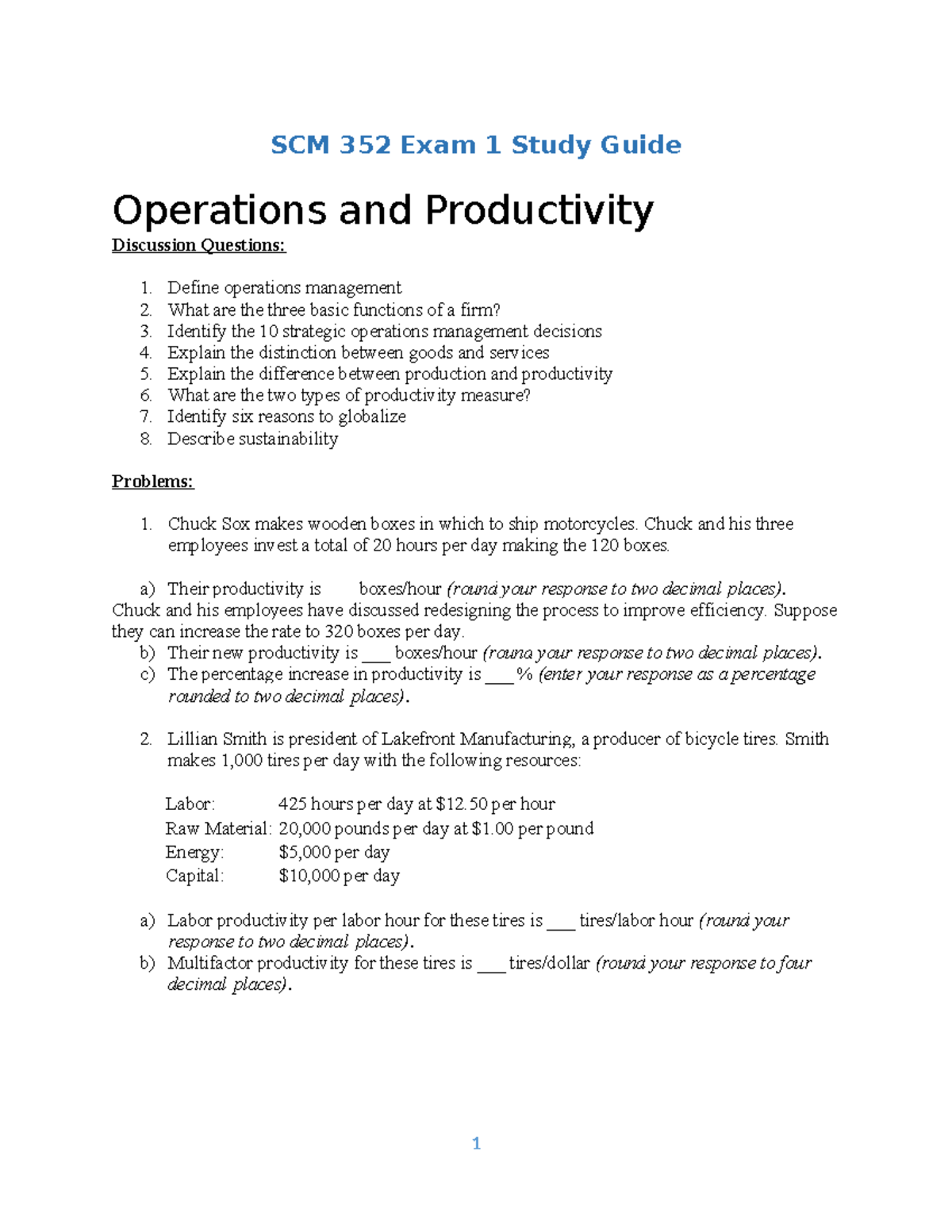 SCM 352 Exam 1 Study Guide - SCM 352 Exam 1 Study Guide Operations and ...