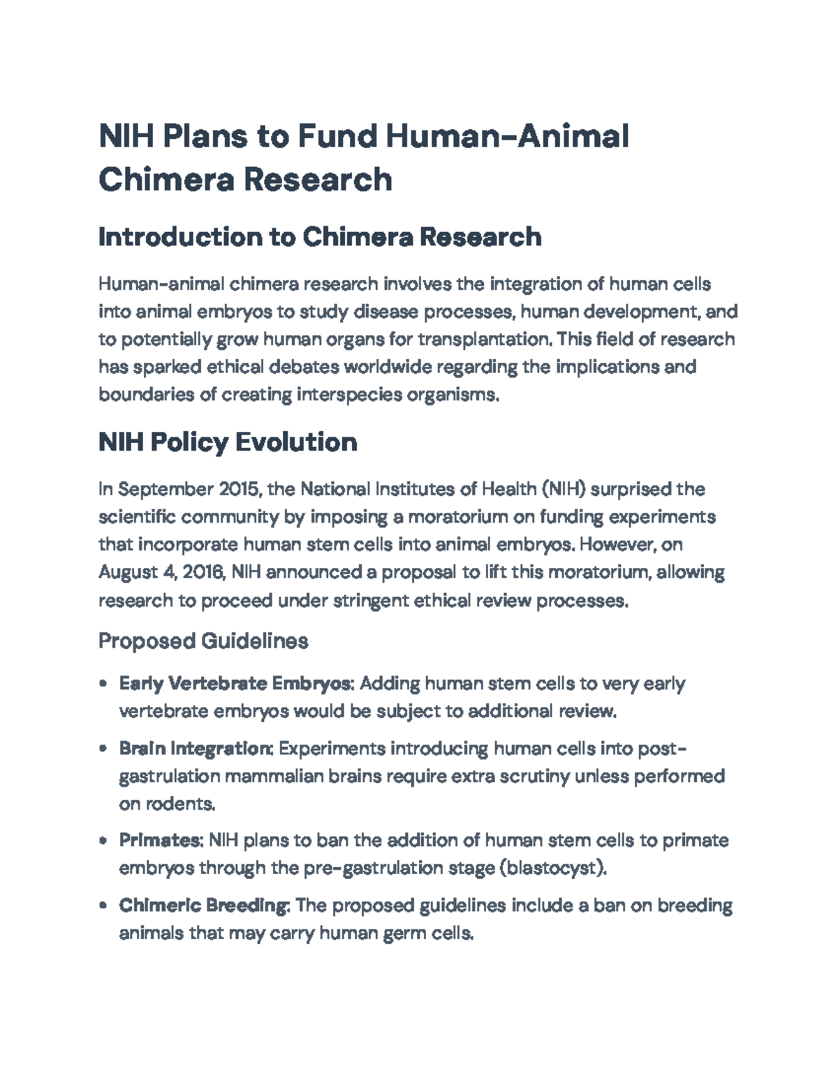 NIH Proposed Guidelines on Human-Animal Chimera Research Ethics - Studocu
