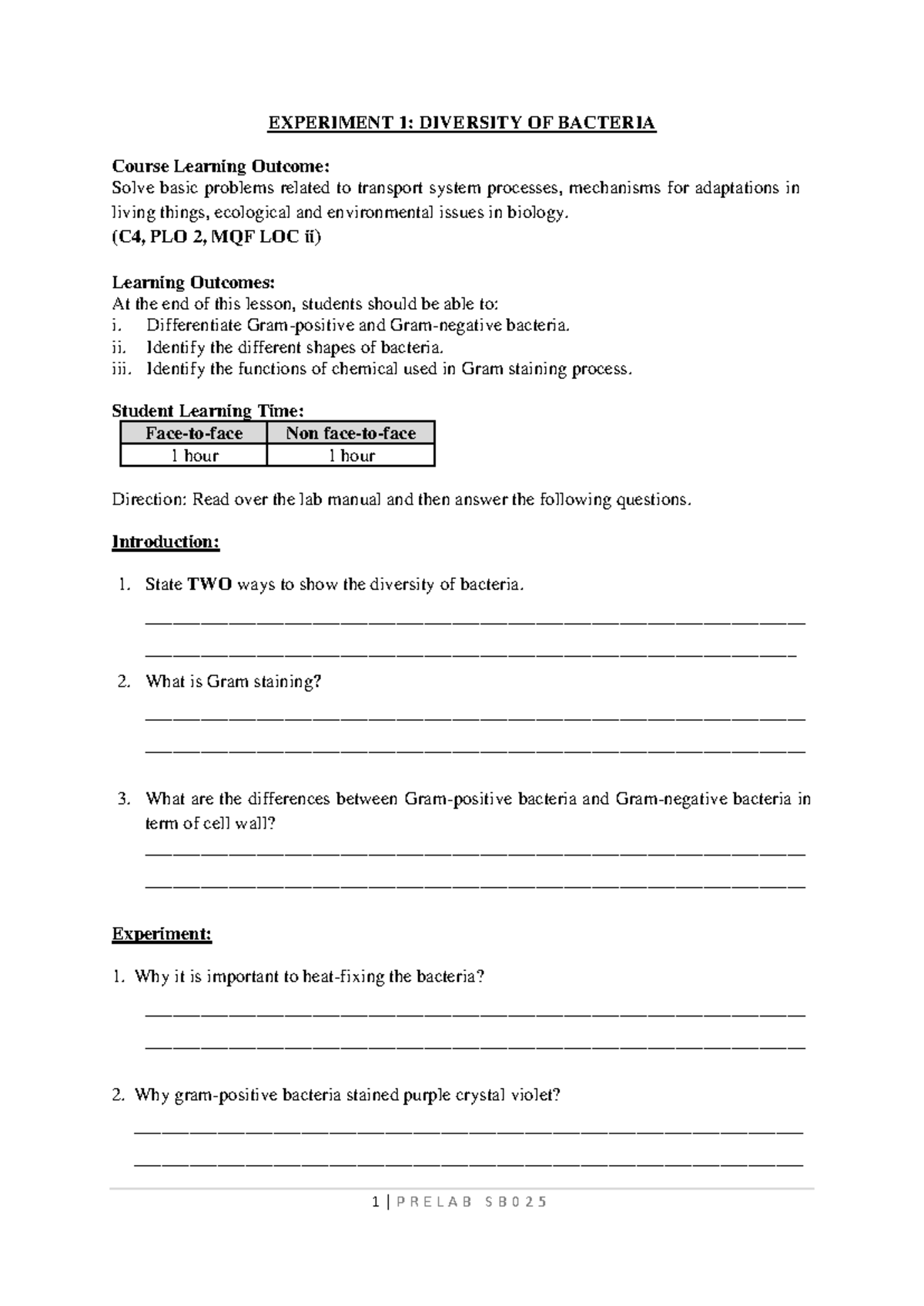 1. Pre Lab 1 Diversity of Bacteria 2425 - 1 | P R E L A B S B 0 2 5 ...