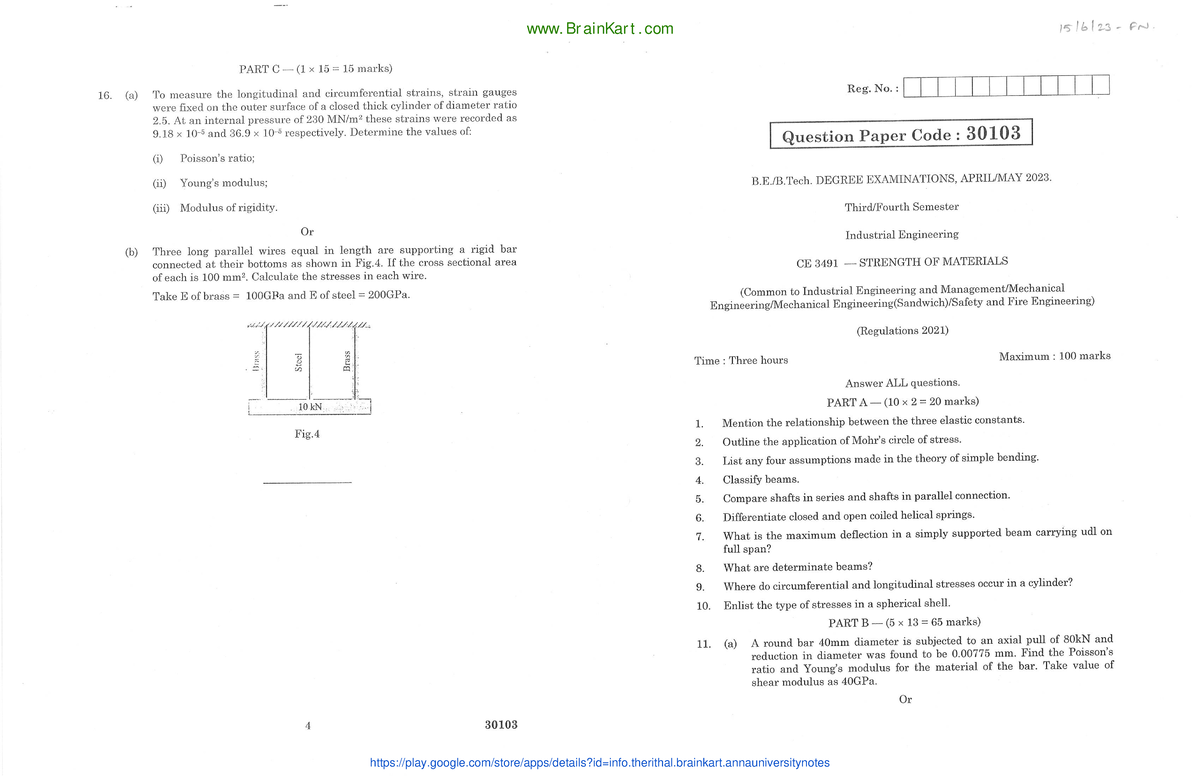 Strength of Materials - CE3491 2021 Reg - QP April/May 2023 - Studocu