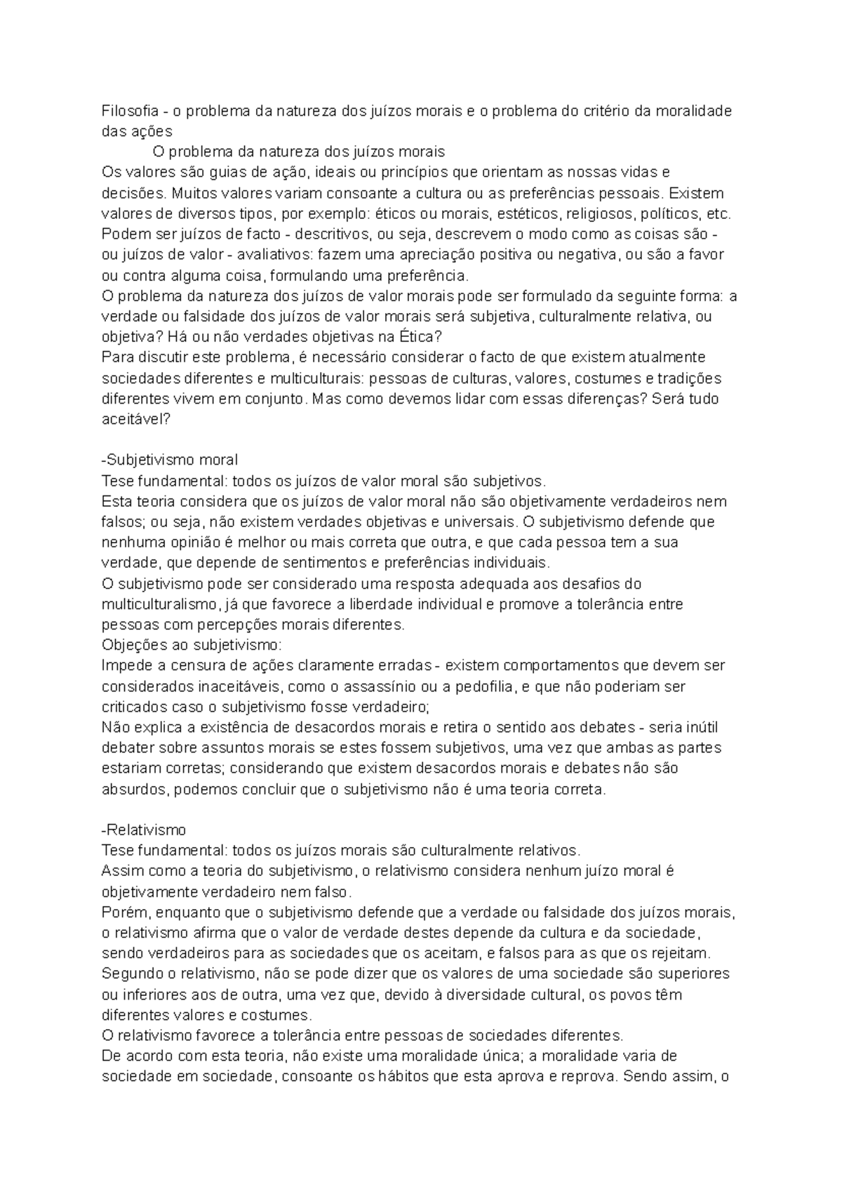Filosofia - o problema da natureza dos juízos morais e o problema do ...