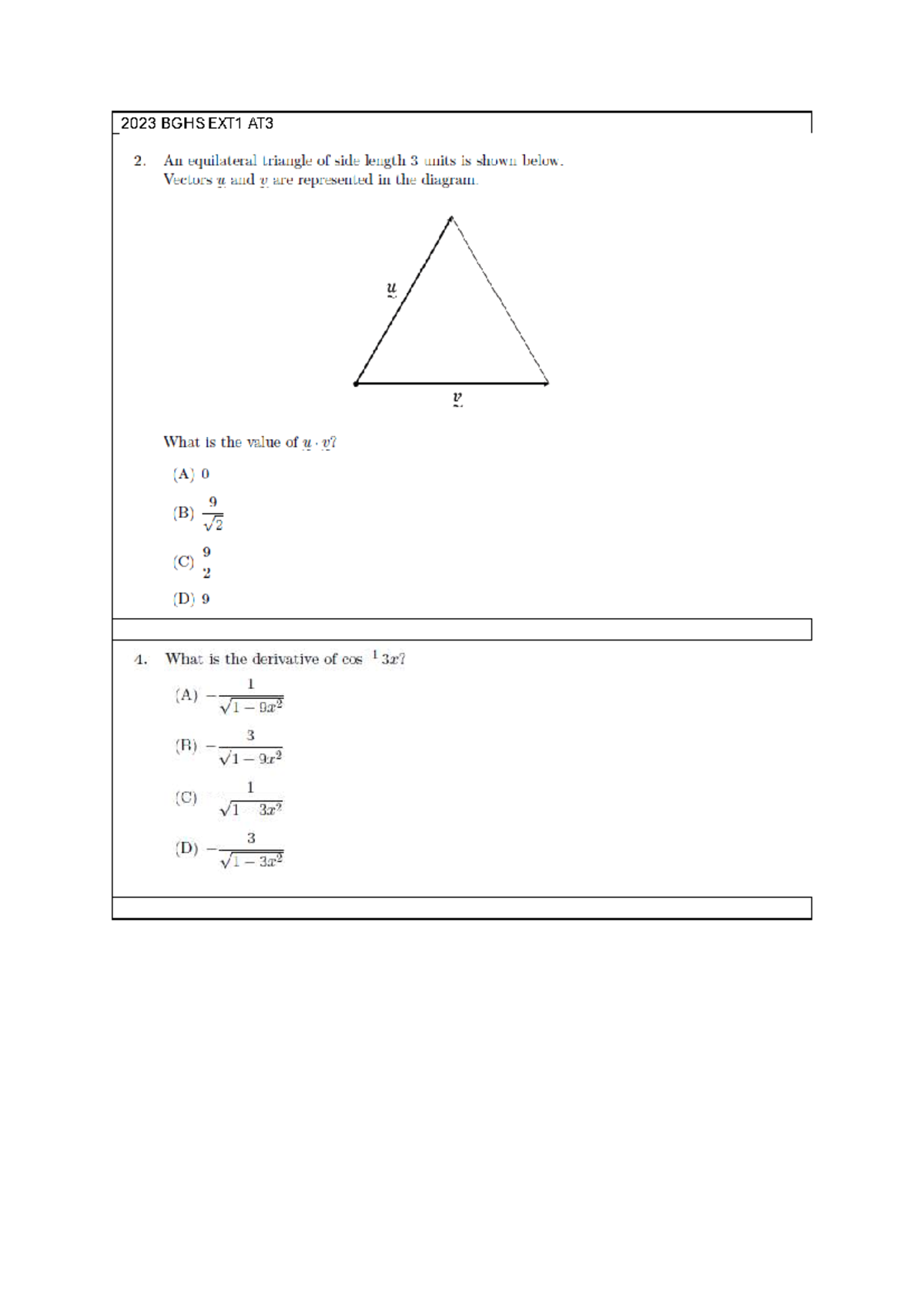 2023 BGHS EXT1 AT3 - Maths Problem Set and Solutions - Studocu