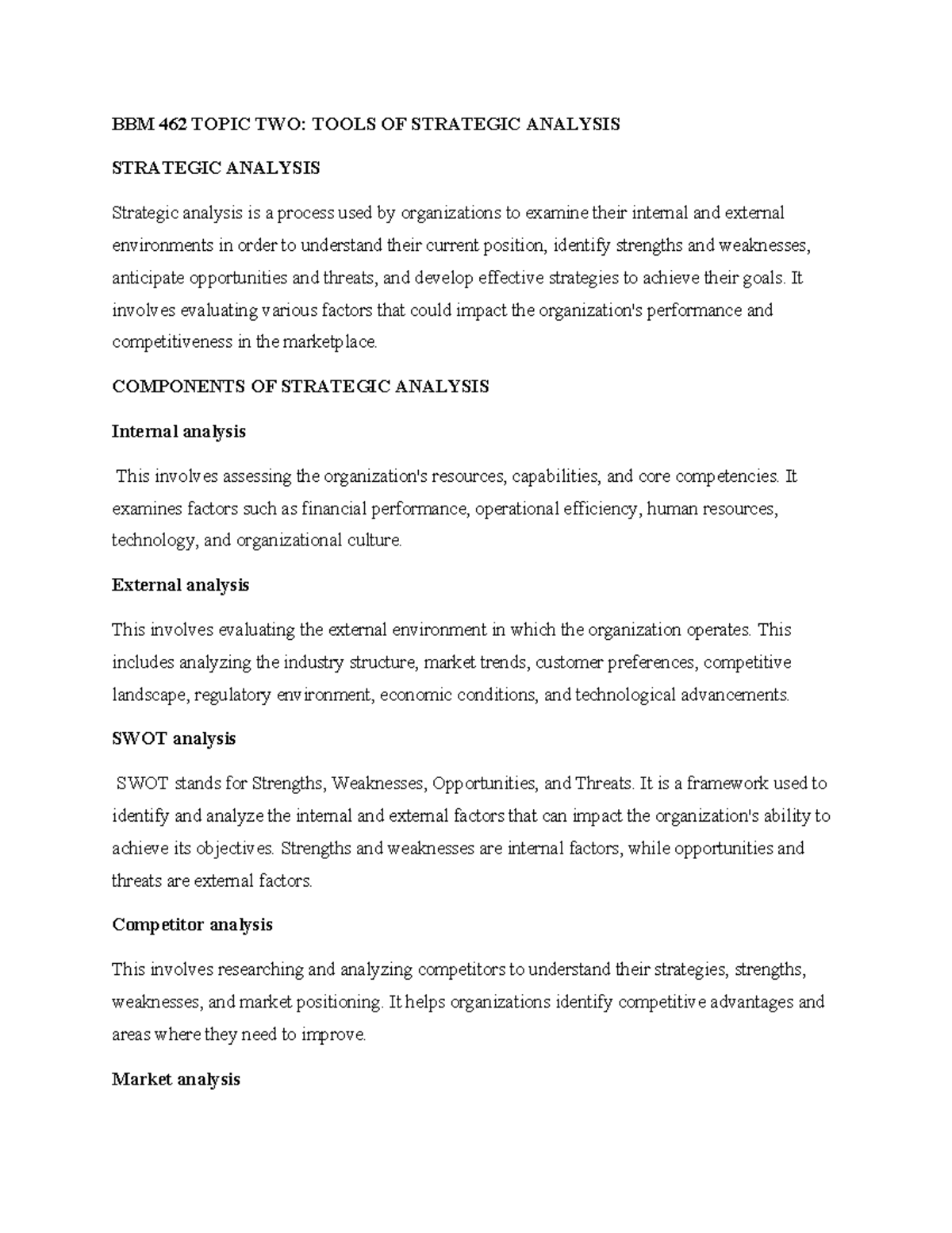 BBM 462 Topic Two: Tools for Strategic Analysis and Planning - Studocu