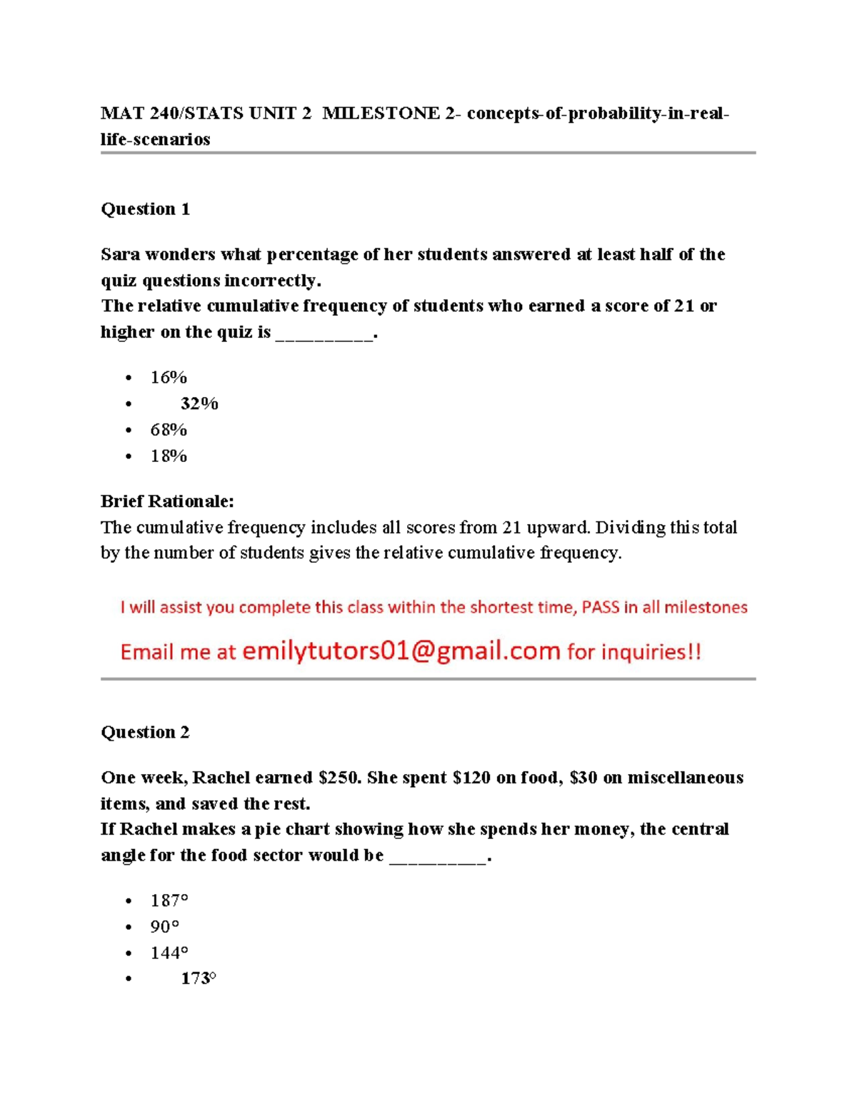 MAT 240 UNIT 2 MILESTONE - Probability Concepts & Quiz Insights - Studocu