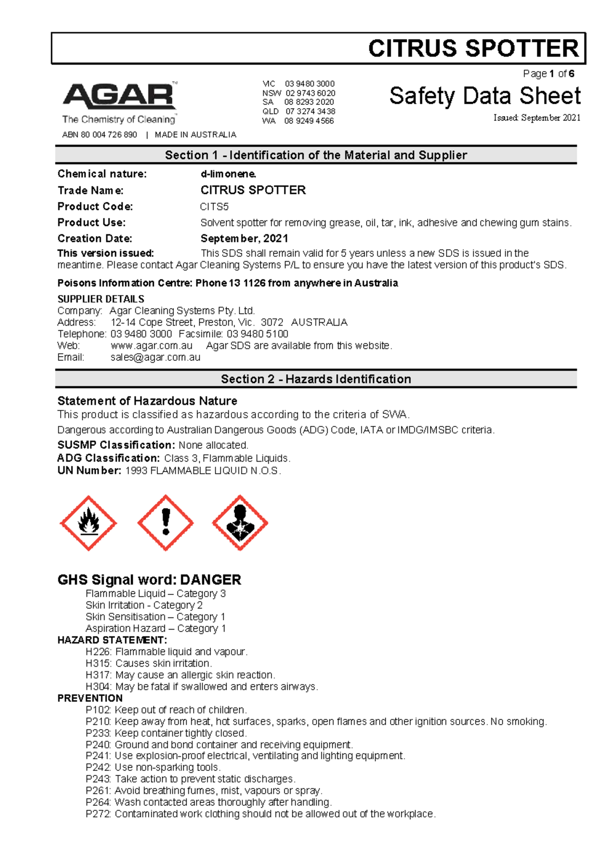 CITRUS SPOTTER CITS5 Safety Data Sheet (SDS) - GHS Compliance - Studocu