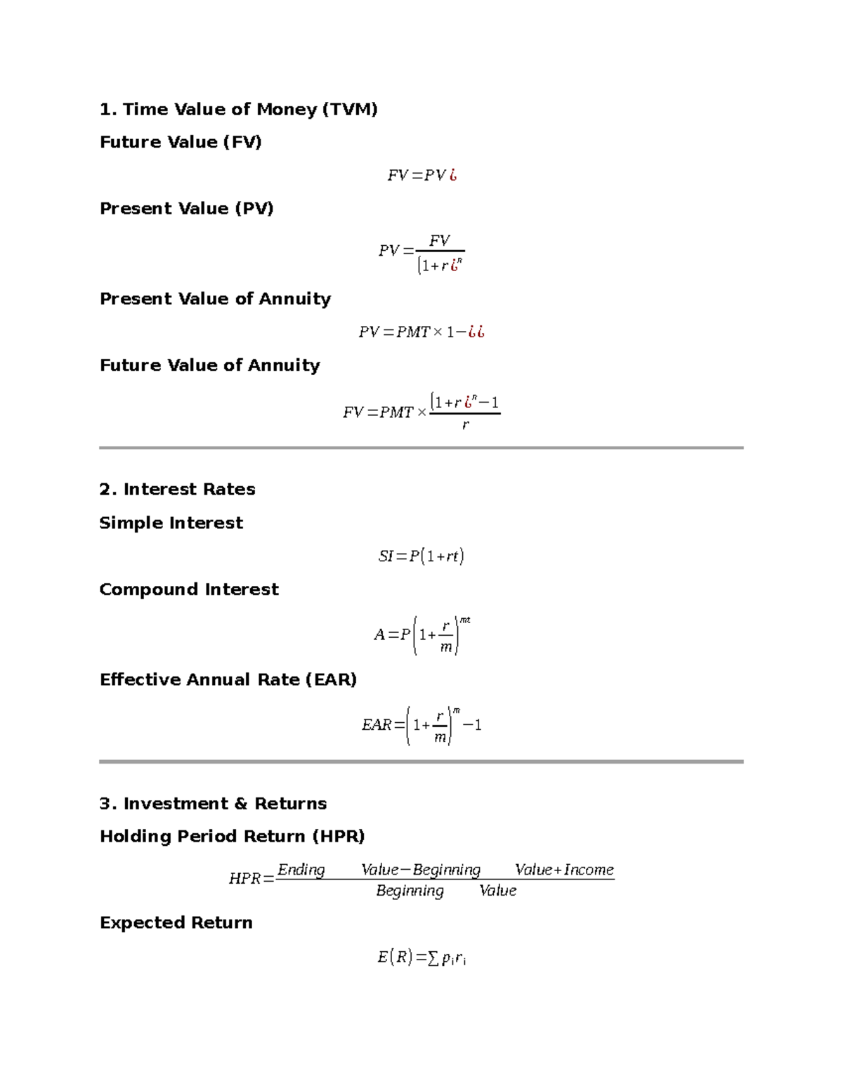 Finance Structure - Key Concepts and Formulas for 1. Finance 101 - Studocu