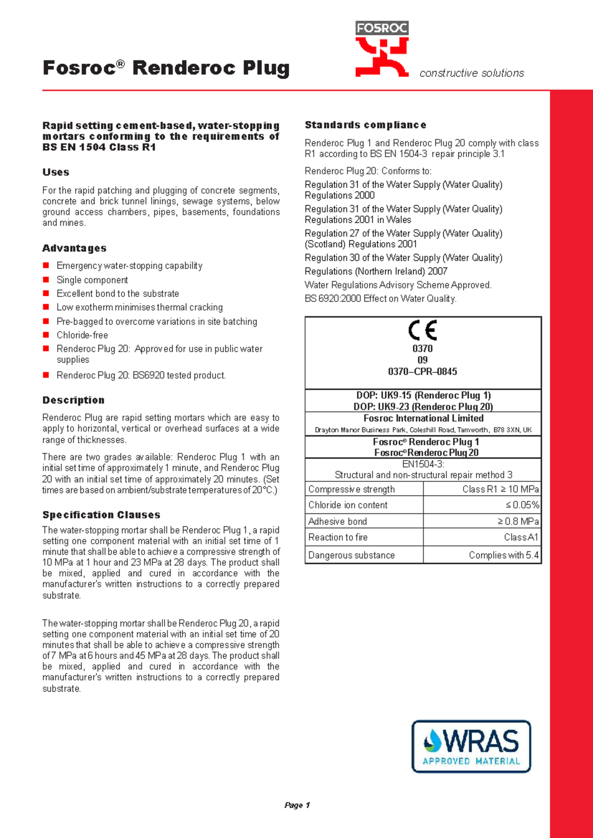 Renderoc Plug TDS: Rapid Setting Mortars for BS EN 1504 Class R1 - Studocu