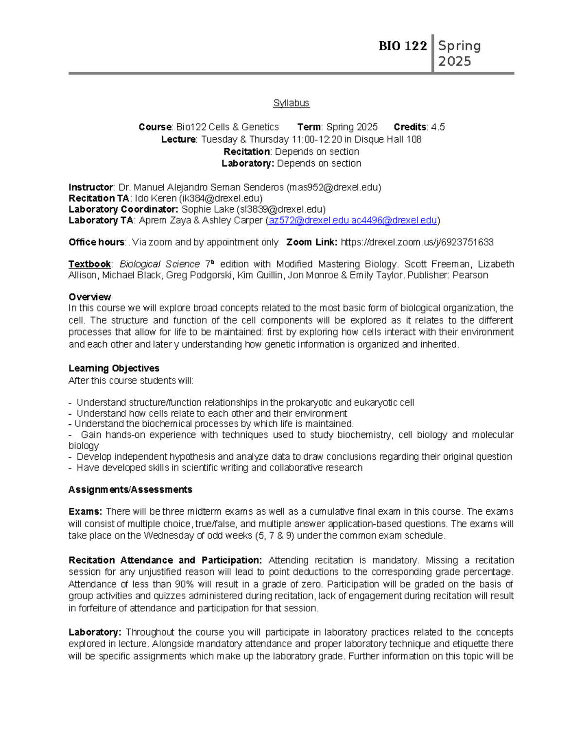 BIO 122 Cells & Genetics Spring 2025 Syllabus Overview - Studocu