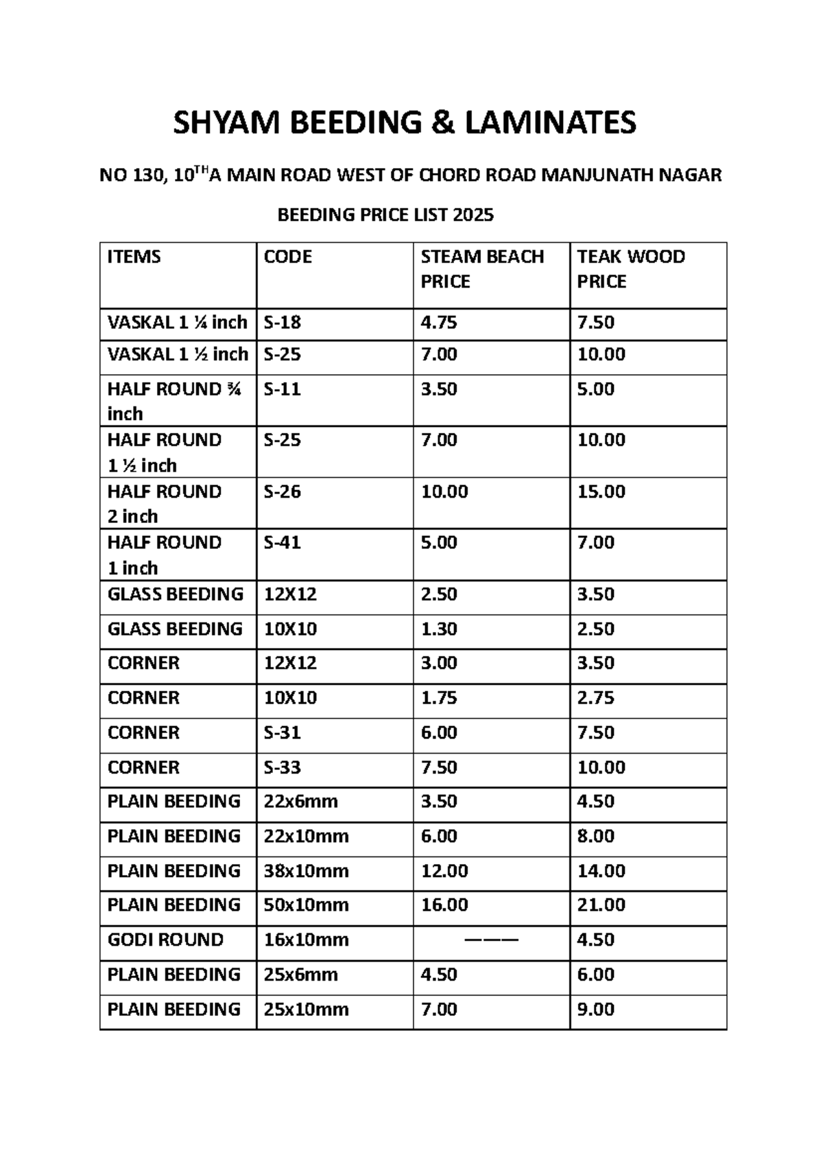 Shyam Beeding Price List 2025: Detailed Item Codes & Costs - Studocu