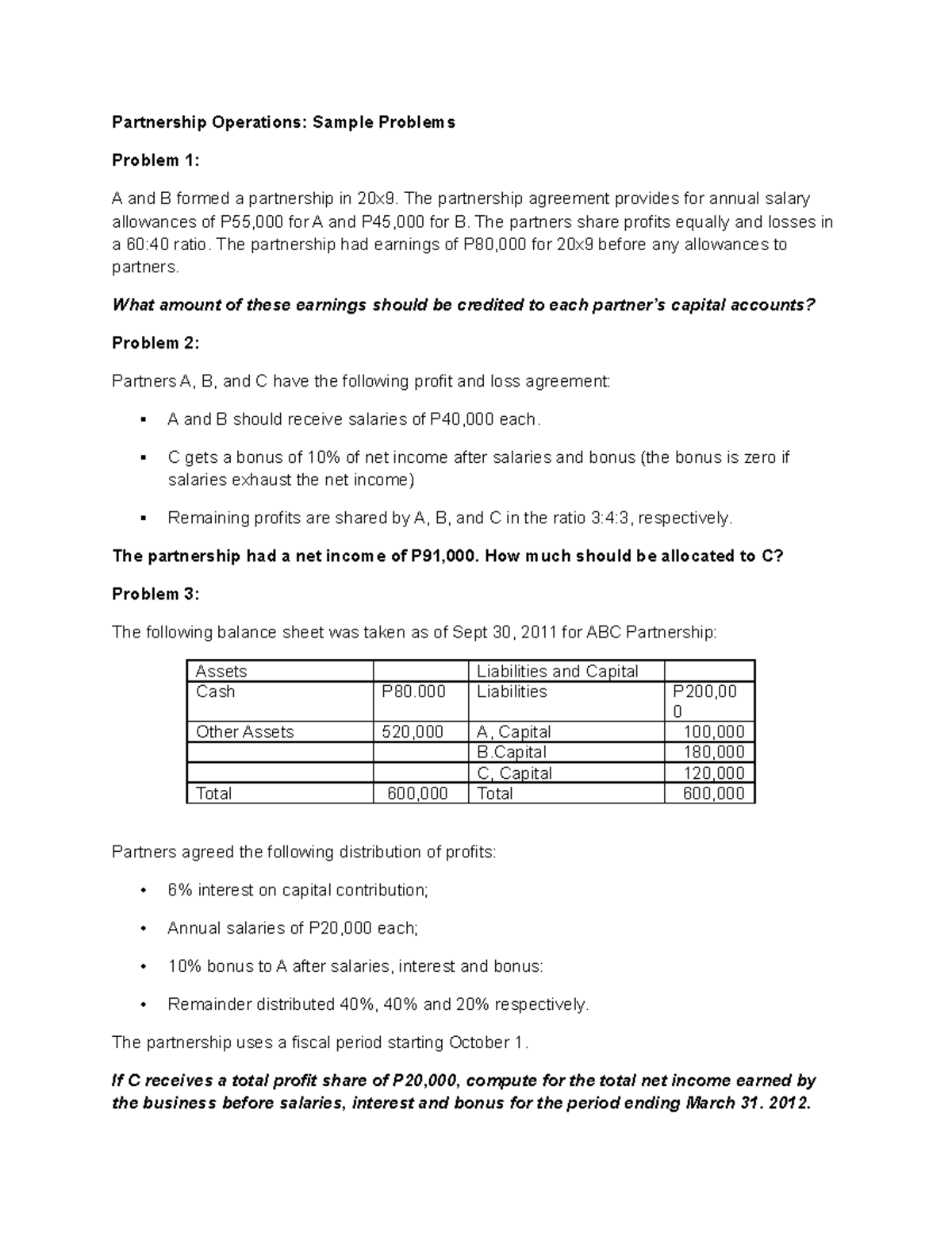 434447207 Partnership Operations: Sample Problems & Solutions - Studocu