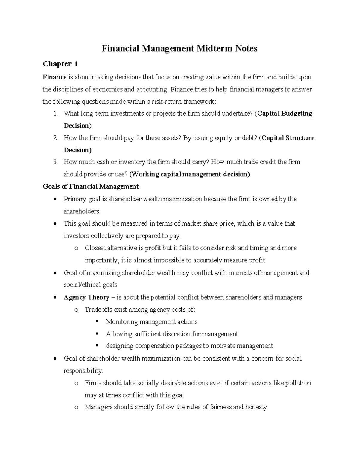 Financial Management Midterm Notes - Financial Management Midterm Notes ...