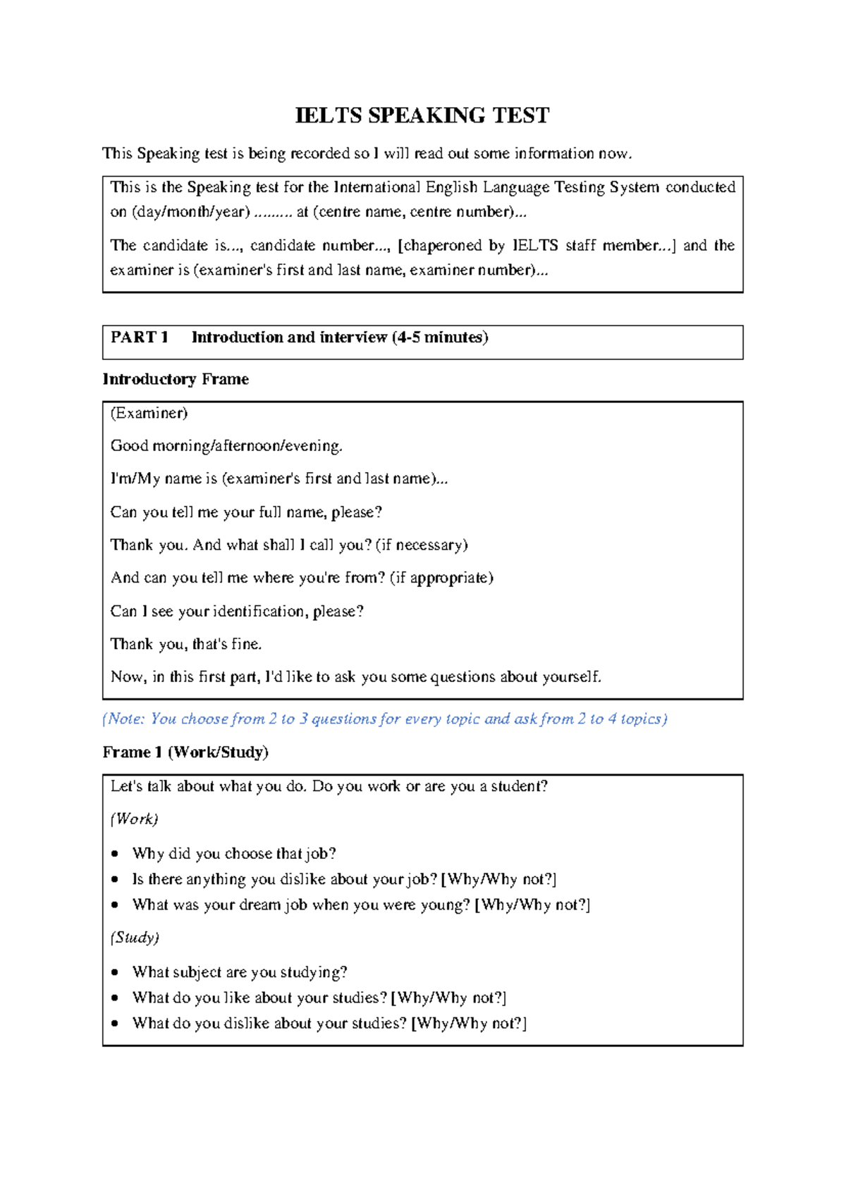 12.07 IELTS Speaking Test Guide and Sample Questions - Studocu