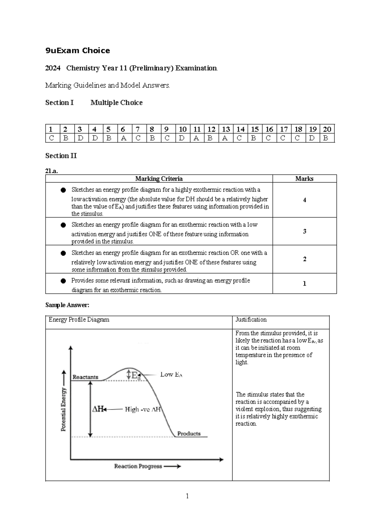 Marking Guidelines for Year 11 Chemistry Exam Choice 9u 2024 - Studocu