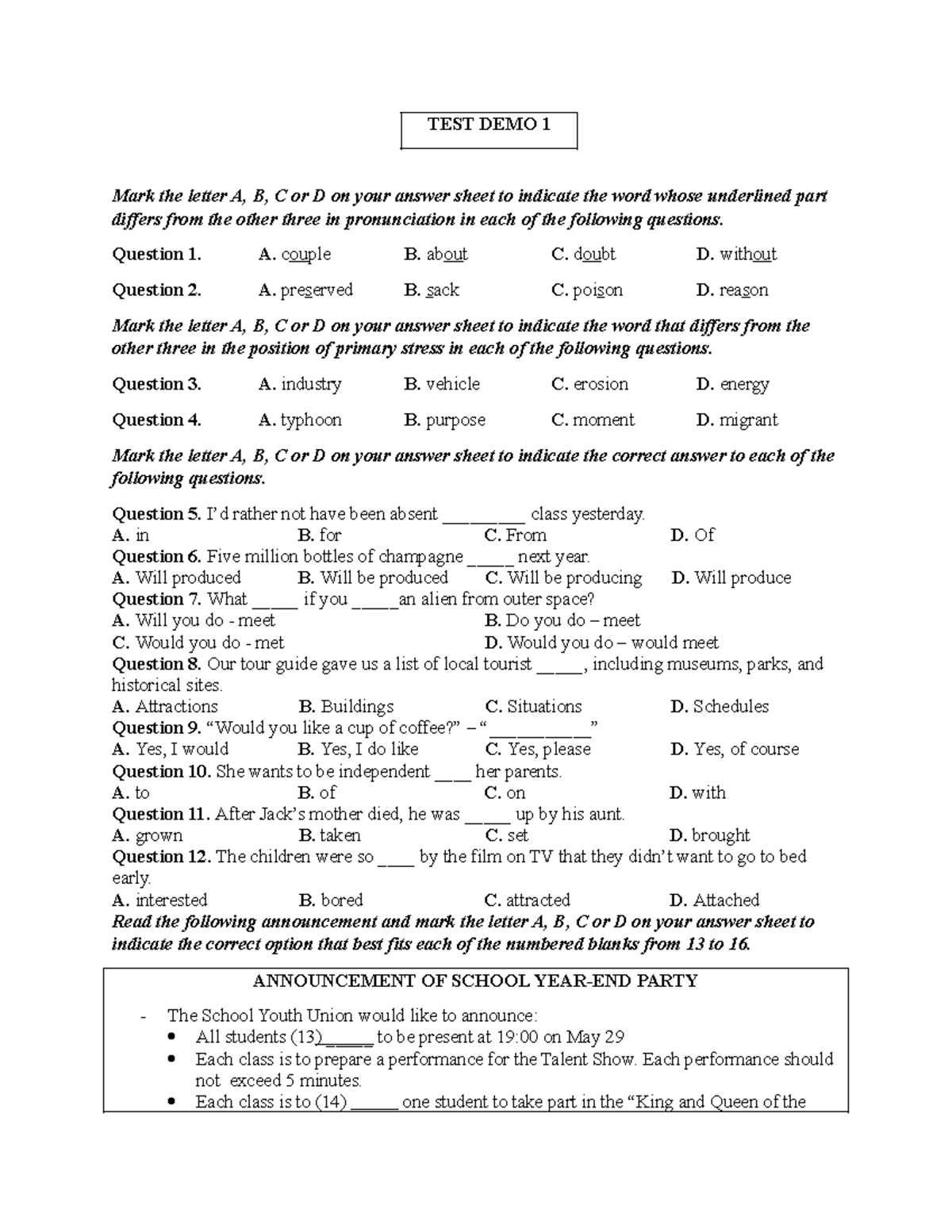 TEST DEMO 1 - Pronunciation and Stress Practice Questions - Studocu