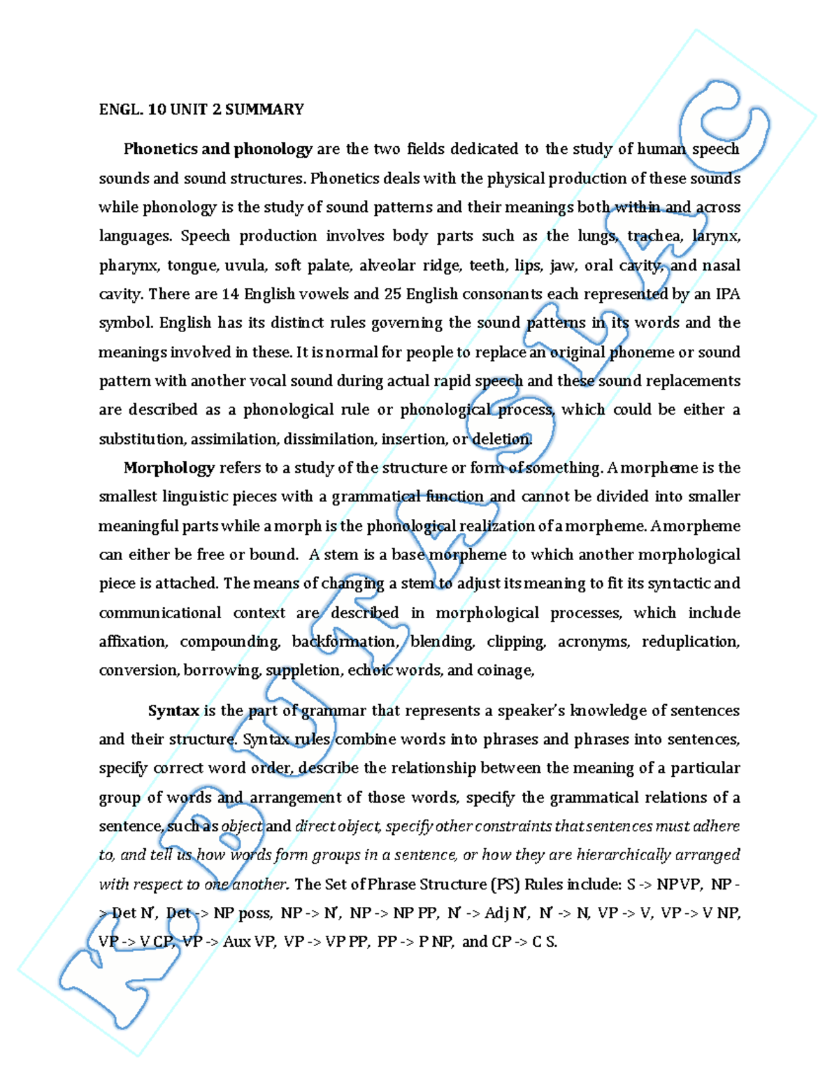 Engl. 10 Unit 2 Summary - Phonetics, Morphology, Syntax, Semantics ...