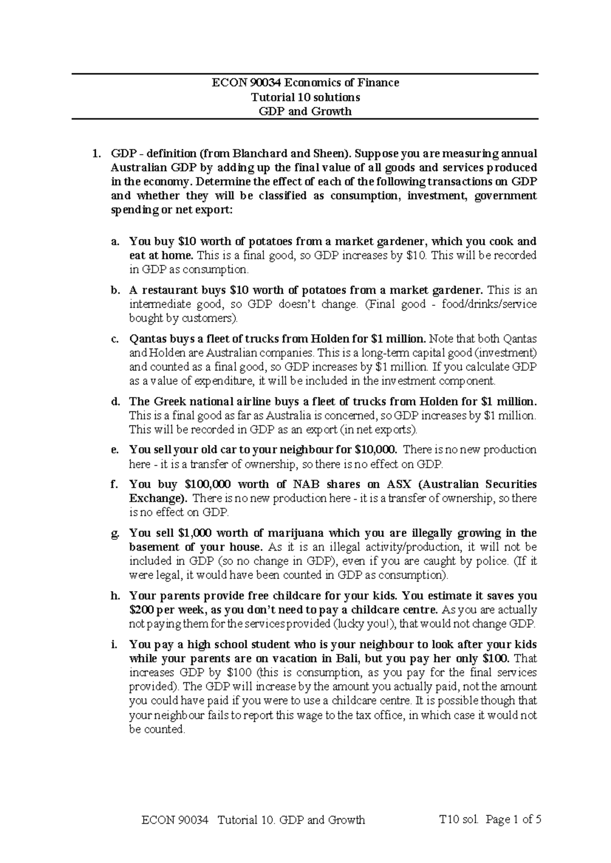 ECON 90034 Tutorial 10 Solutions: GDP and Growth Analysis - Studocu