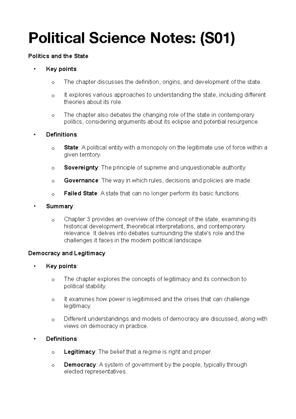 Political Science Notes: (S01) Year 1 Test Overview and Key Concepts ...