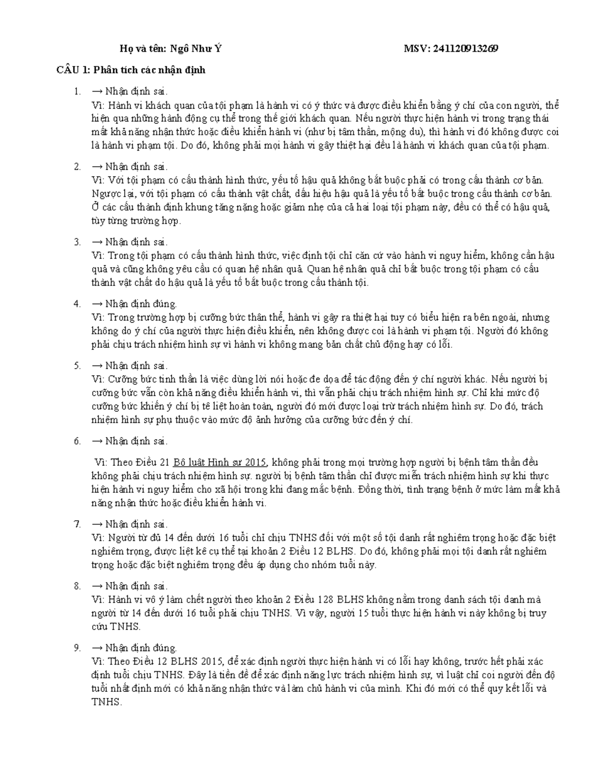 BÀI TẬP HÌNH SỰ 1 - PHÂN TÍCH NHẬN ĐỊNH VÀ TRÁCH NHIỆM HÌNH SỰ - Studocu