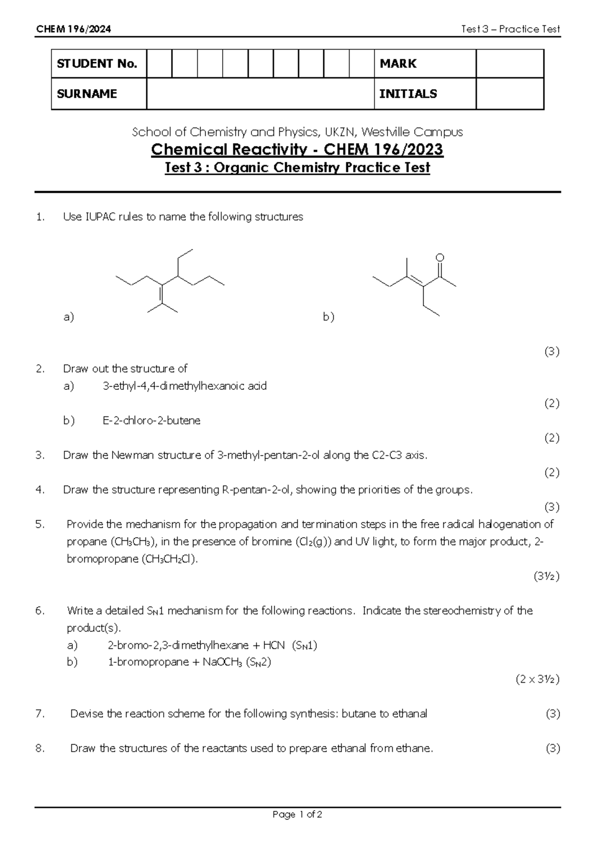 CHEM 196/20 - Test 3: Organic Chem Practice Test with Solutions - Studocu