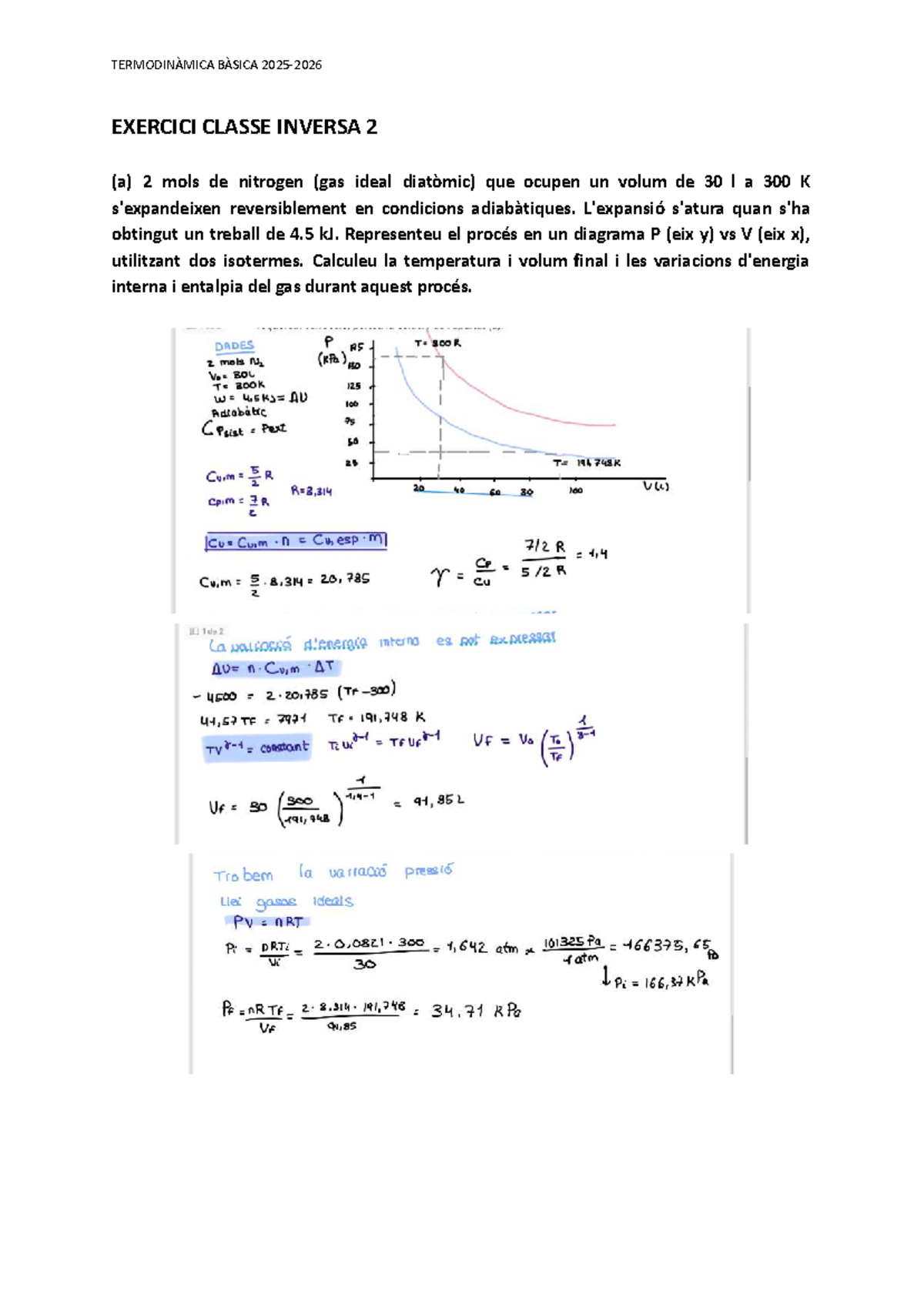 TERMODINÀMICA BÀSICA: Exercici Classe Inversa 2 - Gas Ideal - Studocu
