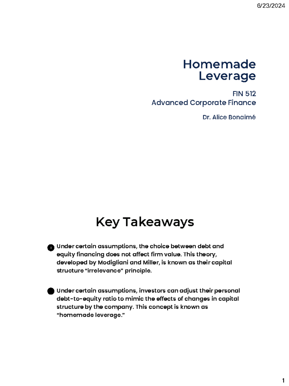 Homemade Leverage Insights - FIN 512 Advanced Corporate Finance - Studocu