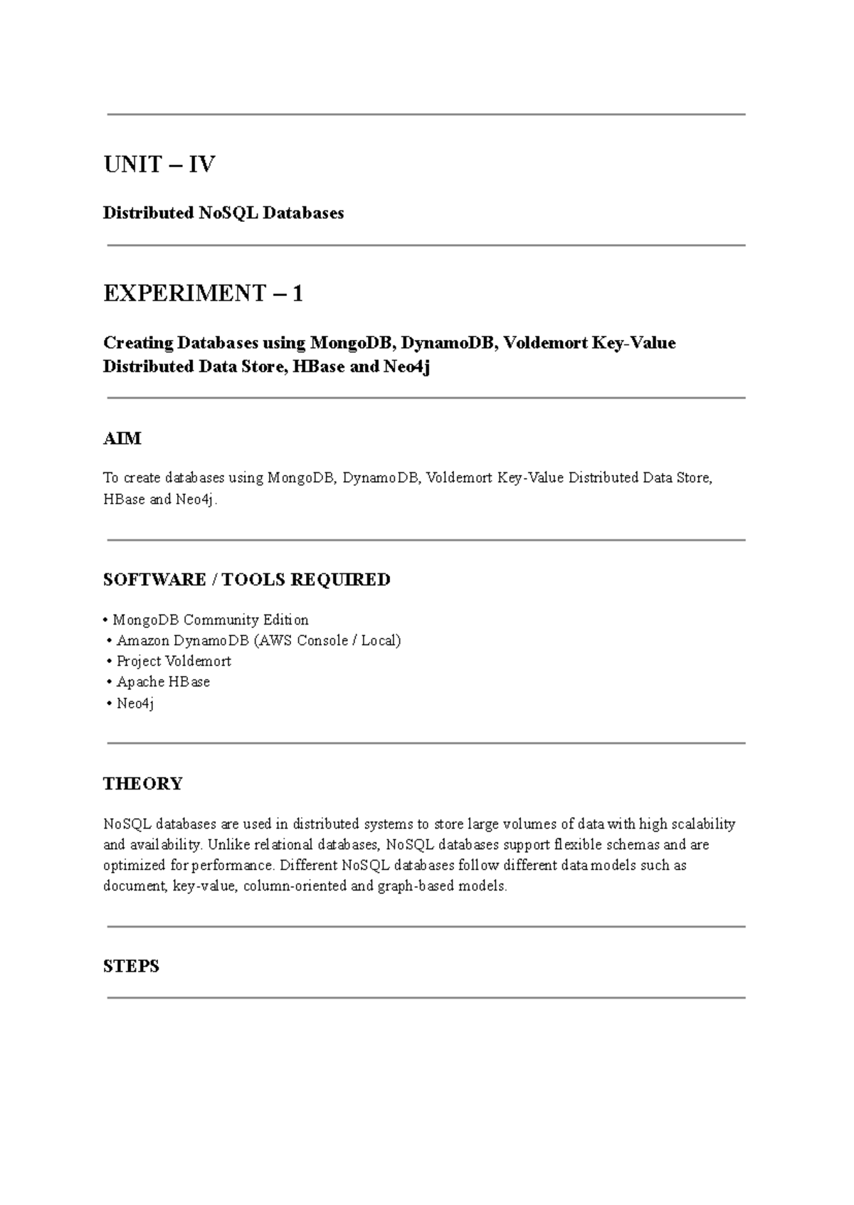 UNIT IV DB Lab: NoSQL Databases Experiment 1 & 2 - Studocu