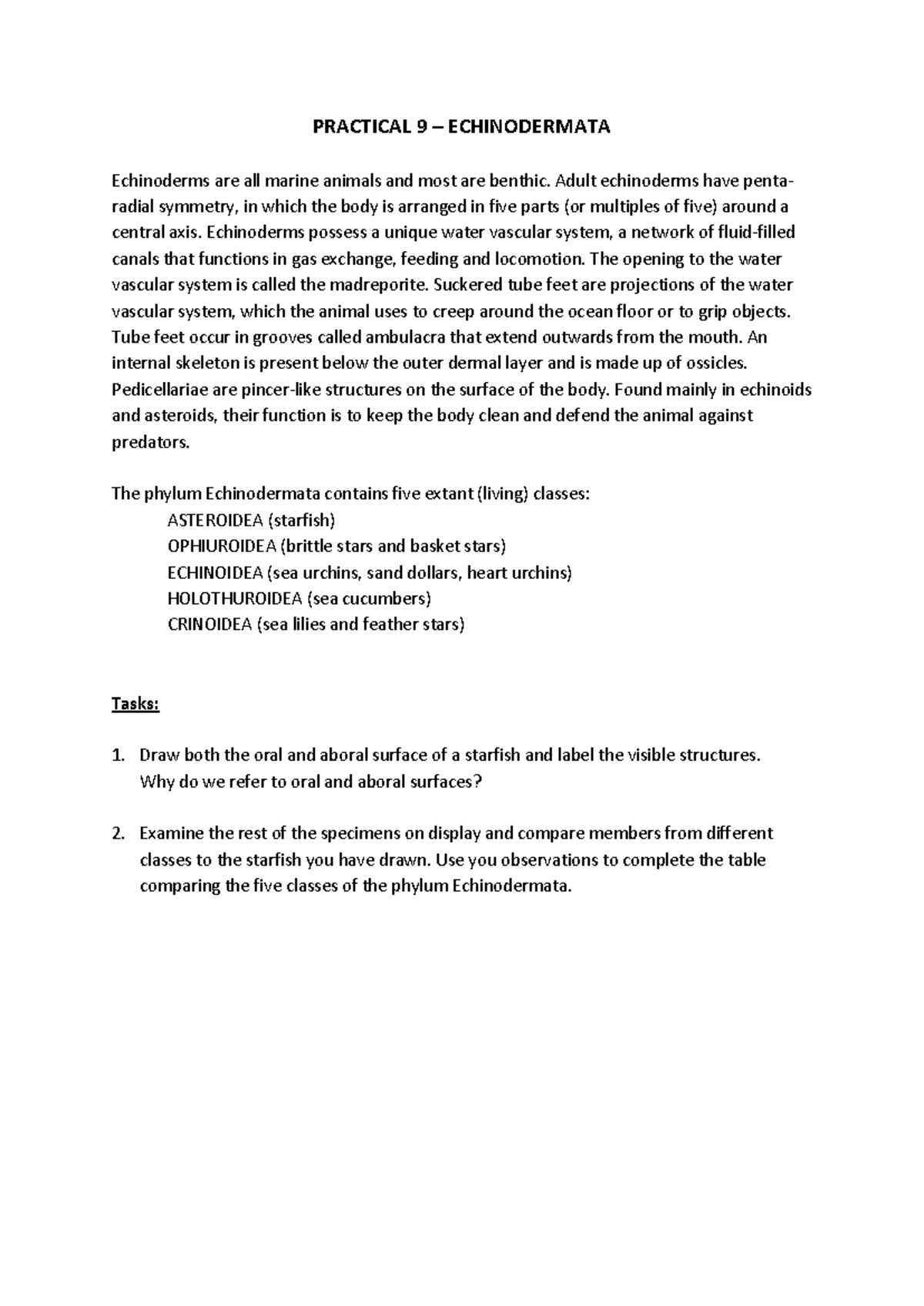 Practical 9: Echinodermata Overview and Class Comparison - Studocu