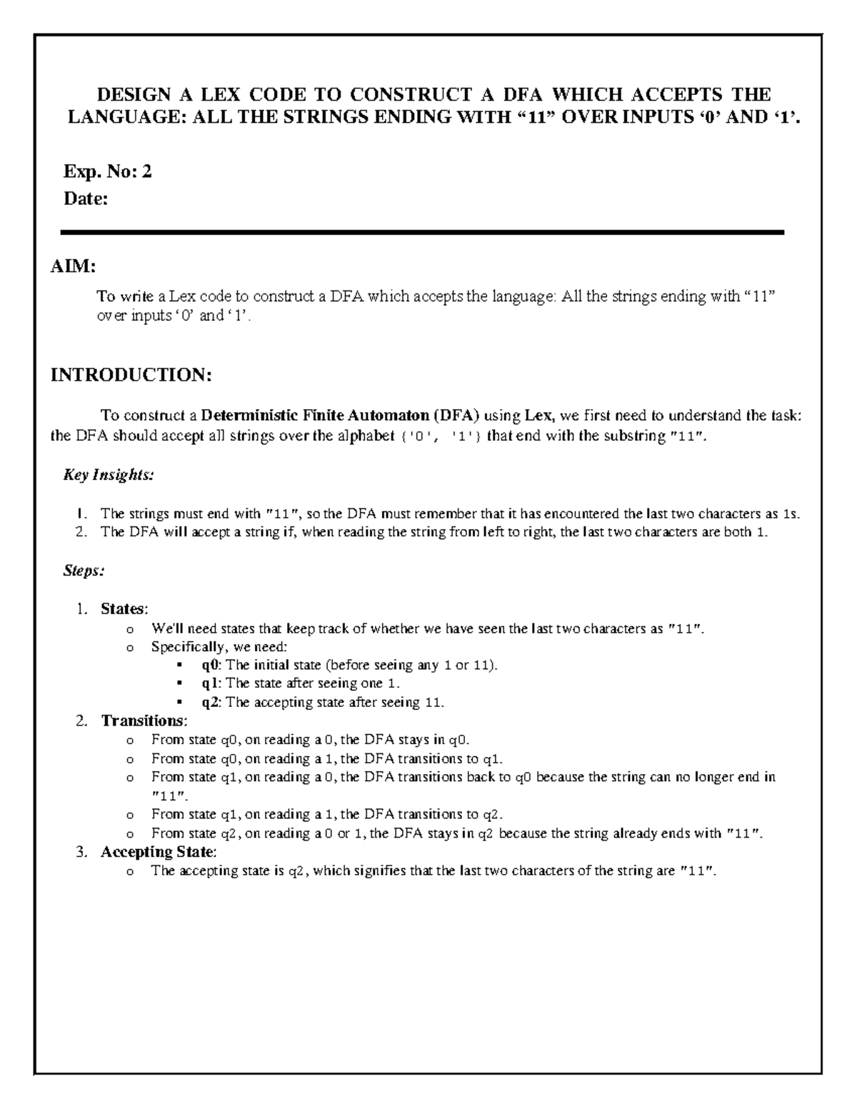 CD Exp-2: Lex Code for DFA Accepting Strings Ending with '11' - Studocu