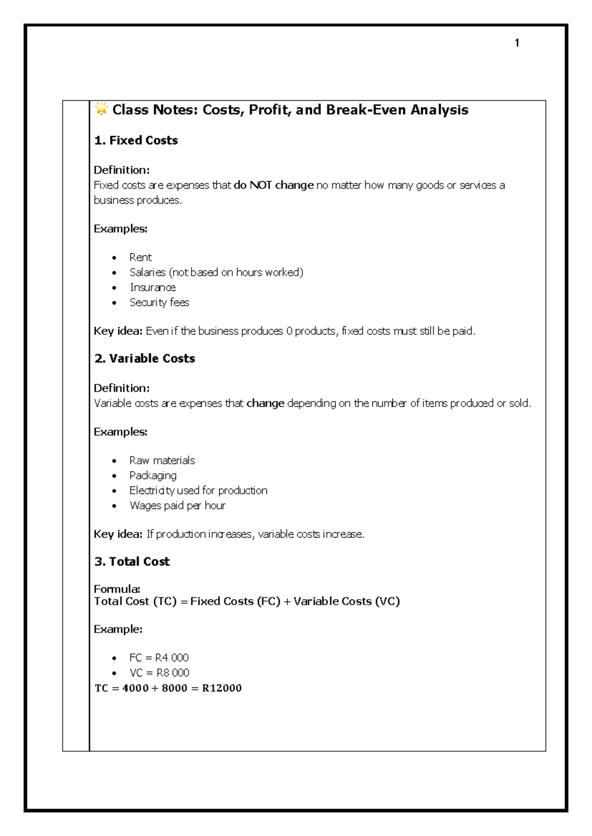 Class Notes: Costs, Profit, and Analysis (Course Code: N/A) - Studocu