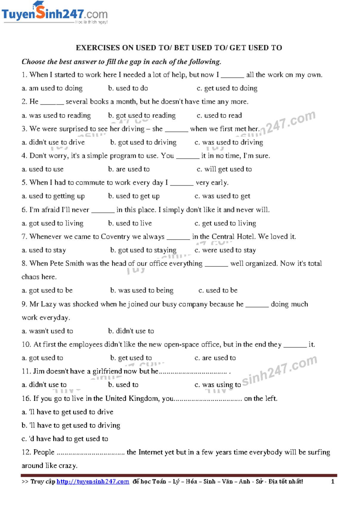 Exercises on "Used to", "Be Used to", and "Get Used to" with Answers ...