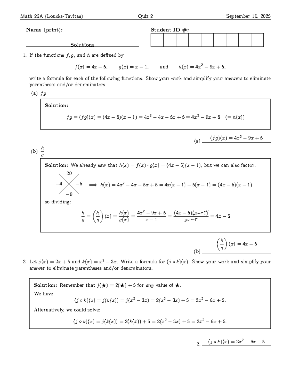 Math 26A Quiz 2 Solutions - Functions and Simplifications - Studocu