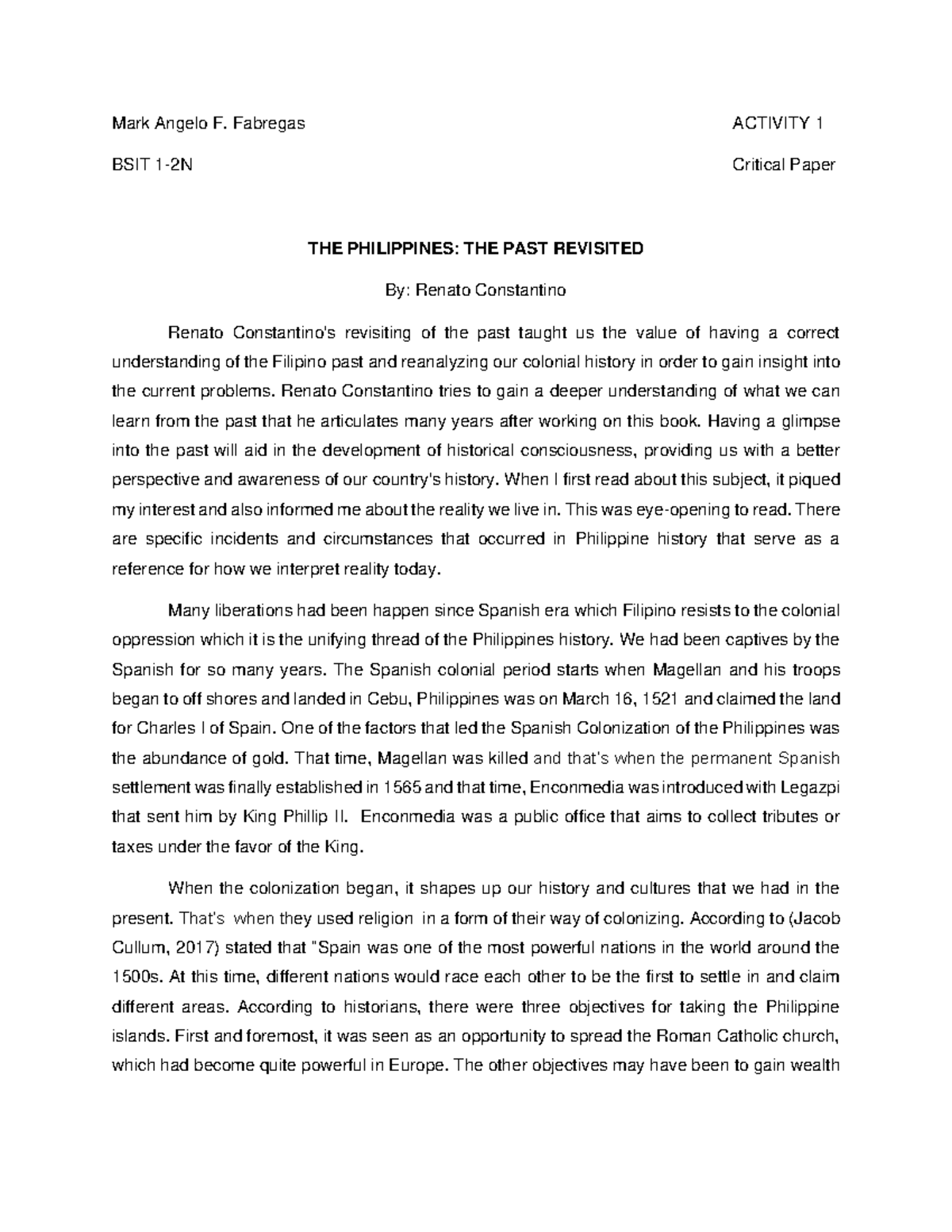 ACTIVITY 1 BSIT Critical Paper: Revisiting Philippine Colonial History ...