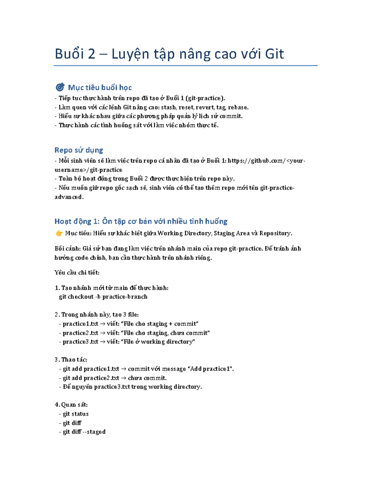 Buổi 2: Luyện Tập Nâng Cao với Git - Thực Hành GitHub - Studocu