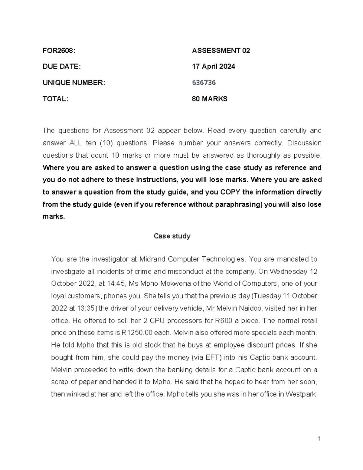 FOR2608 Semester 1 Assessment 02: Case Study & Questions - Studocu