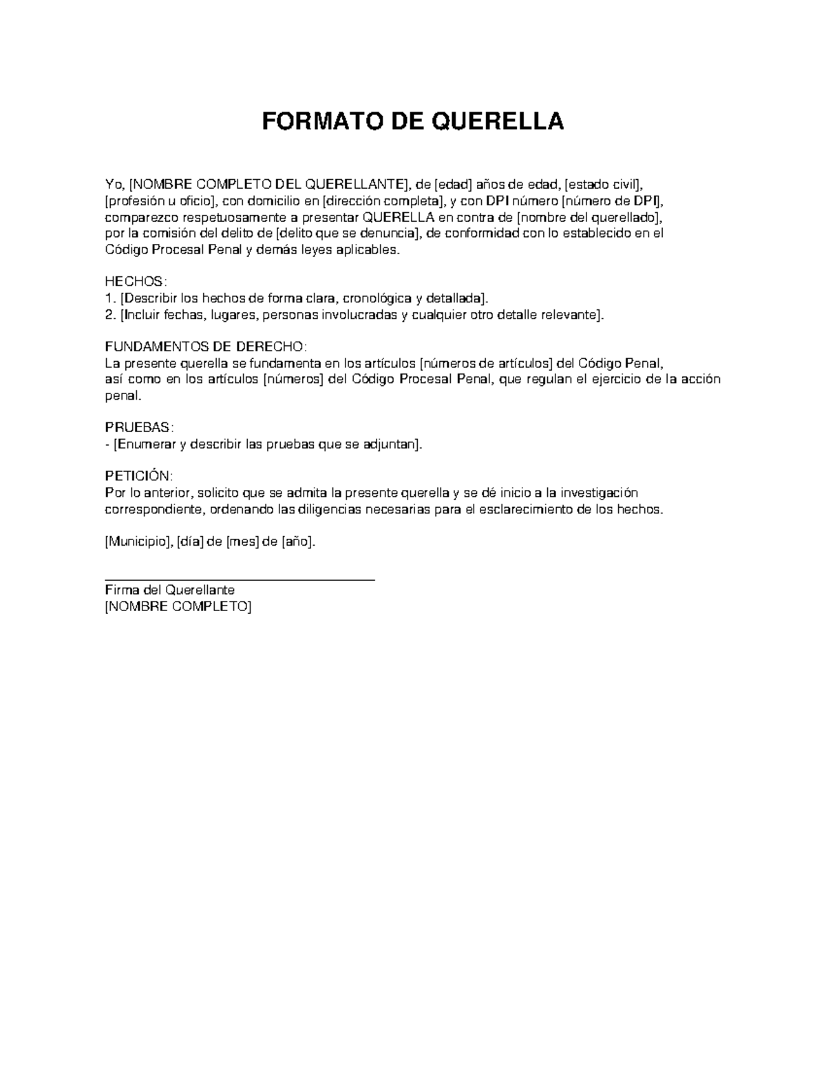Formato de Querella - Ejemplo y Estructura Legal - Studocu