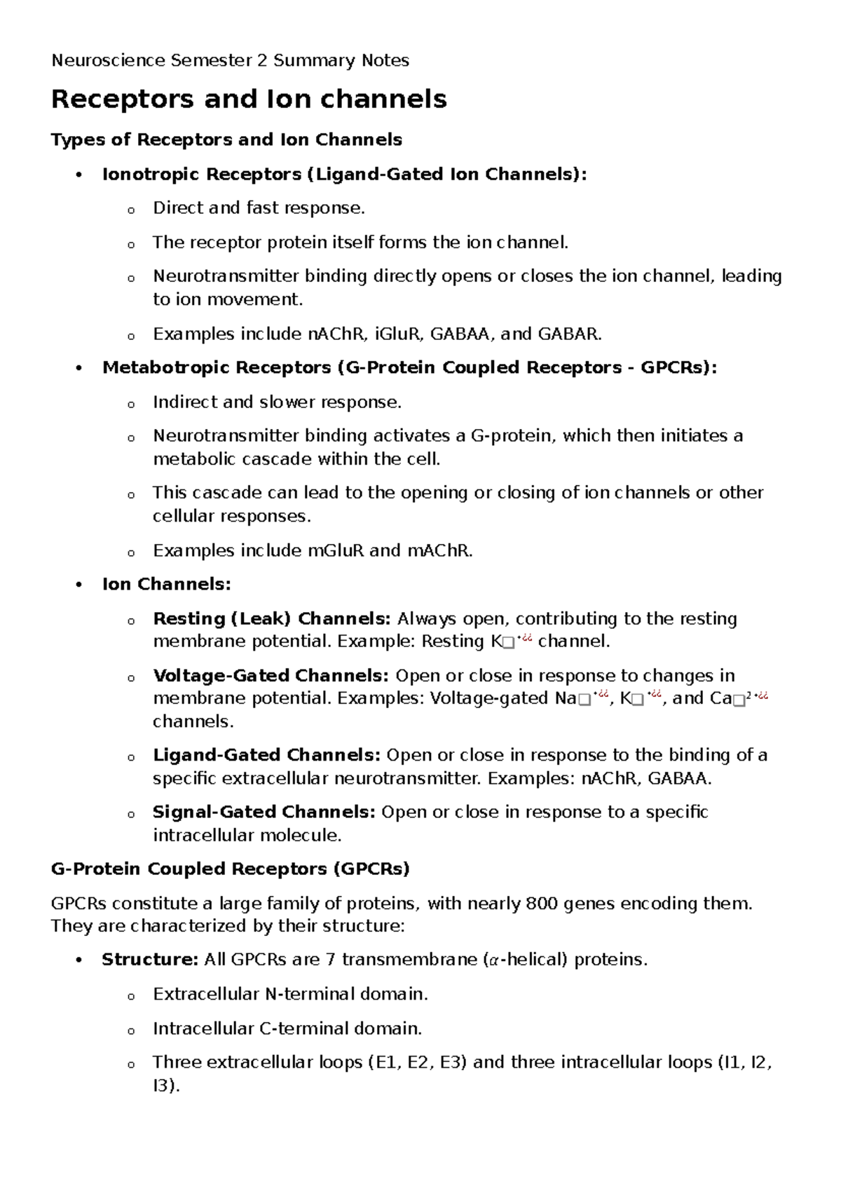 Neuroscience Semester 2 Summary: Receptors & Ion Channels Overview ...